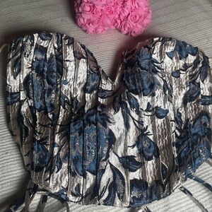 AKIRA Blue and Silver Floral Corset Top